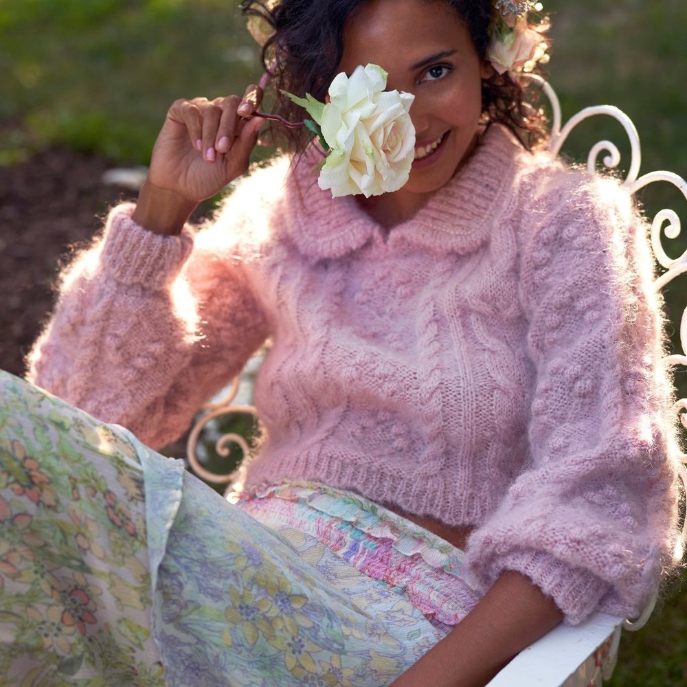 LOVESHACKFANCY Berget Cropped Cable Knit Sweater